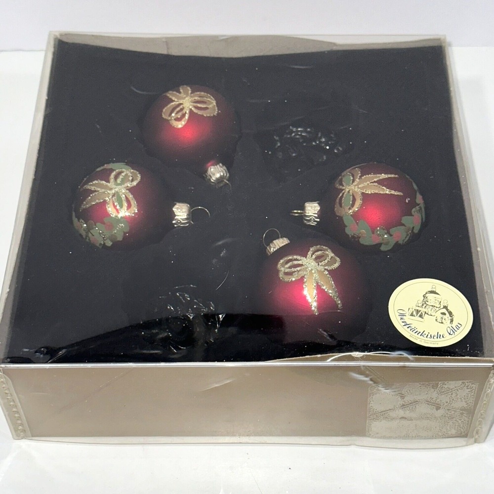 4 Oberfrankische Glas Red With Hand painted Wreath/Bows Christmas Ornaments